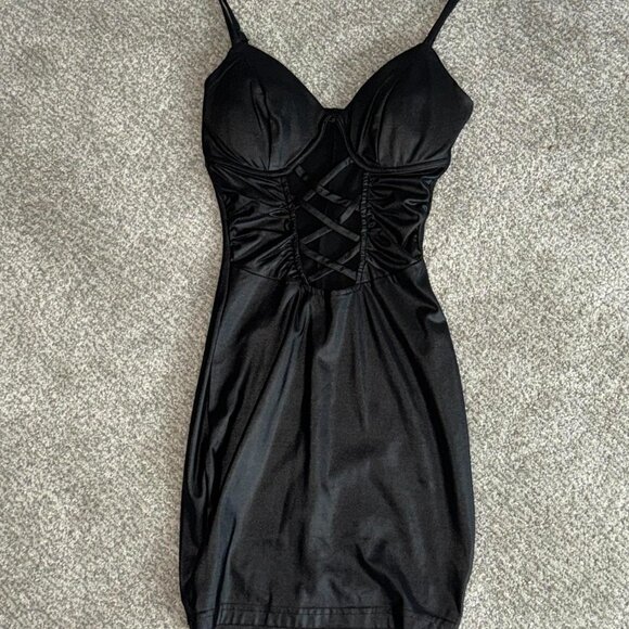 Windsor Black Faux Leather Lace-Up Mini Dress – Size XS - Picture 2 of 3